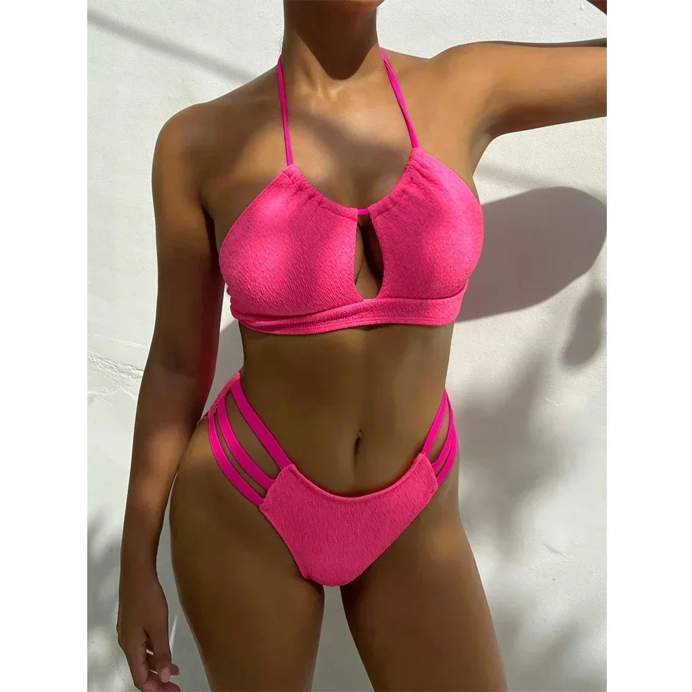 

Sexy Rose Red Swimsuit 2024 Women High Waist Bandage Two-Piece Bikini Hollow Out Bathing Suit Summer Halter Backless Beachwear