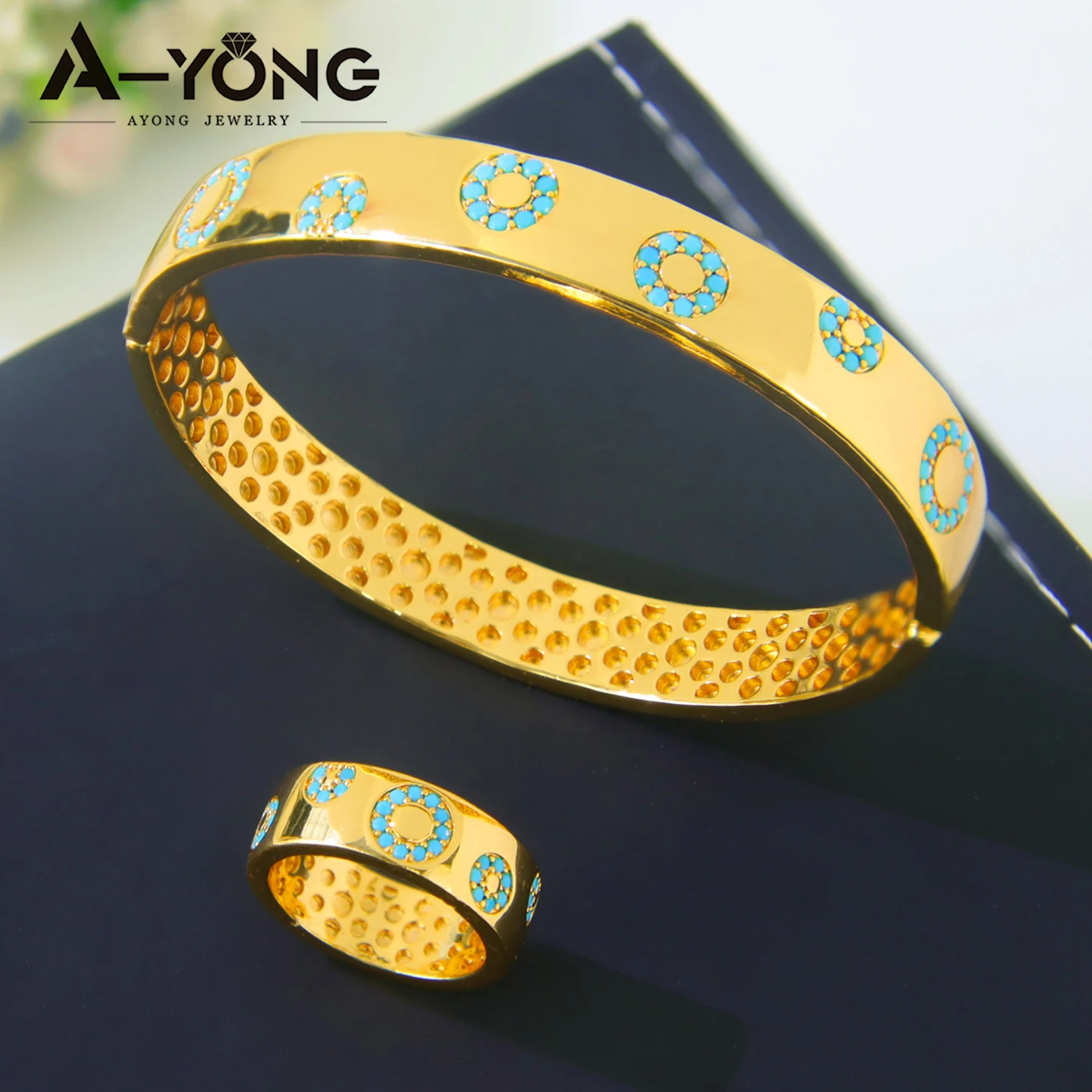 

Dubai Classic Openning Bangles Rings Set 21k Gold Plated Italian Fashion Zircona Cocktail Bracelet Ring Ethiopia Vintage Jewelry