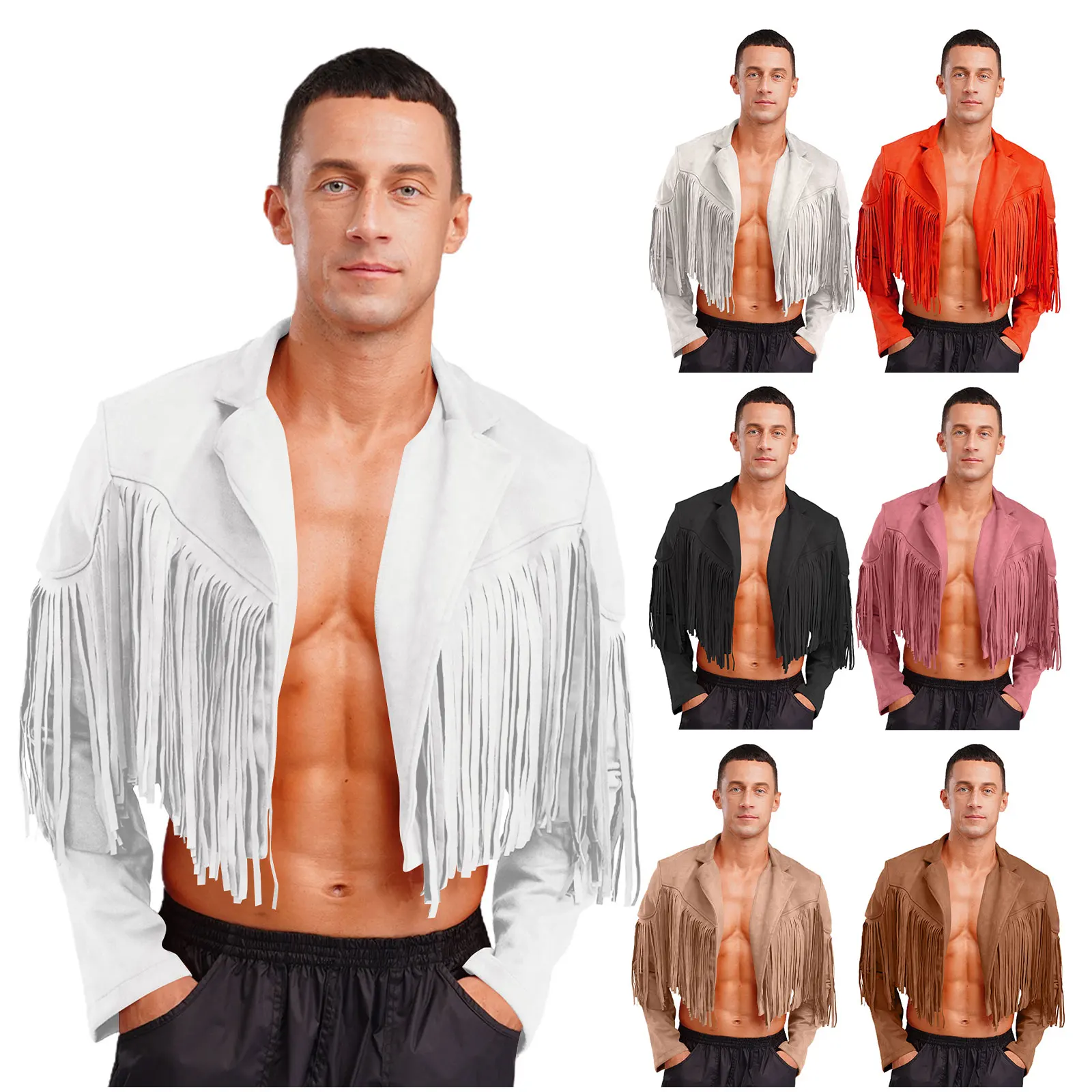Mens Vintage Fringe Faux Suede Cropped Jackets 80s Hippie Western Cowboy Costume Lapel Long Sleeve Open Front Cardigan Clubwear
