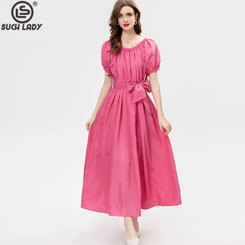 Women's Runway Dresses Scoop Neckline Short Sleeves Sash Bow Belt Fashion Designer Long Vestidos