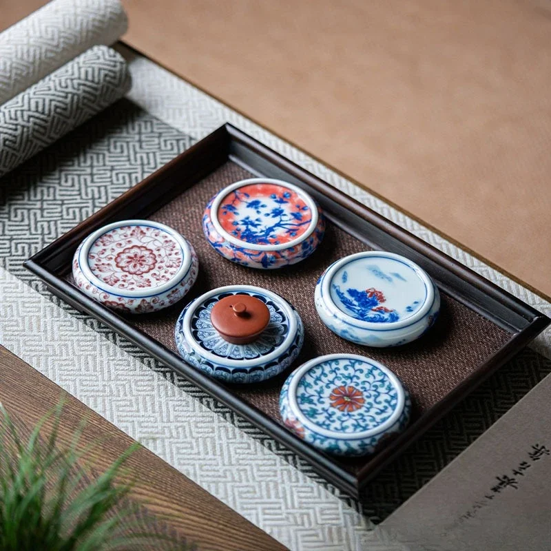 1Pc Chinese Retro Teapot Cover Holder ,Hand-painted Blue and White Tea Set Accessories, Master Cup Coaster ,Zisha Pot Lid Shelf