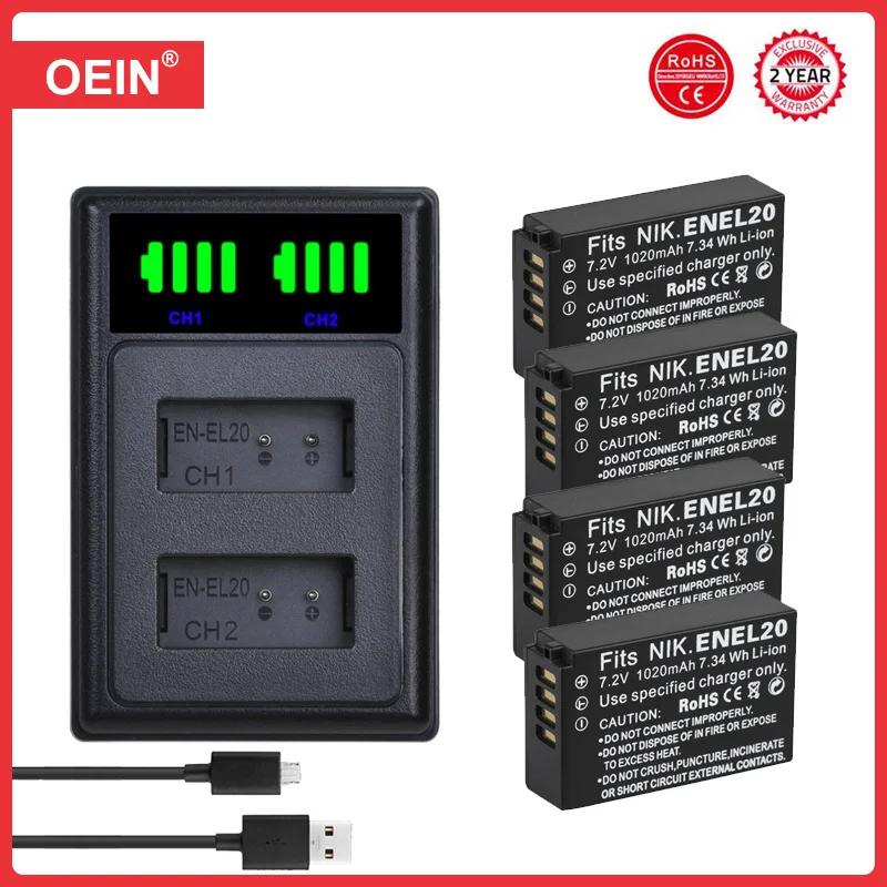 4Pcs EN-EL20 EN-EL20a Battery + LCD Dual Charger for Nikon Coolpix P1000, 1 j1, 1 J2, 1 J3, 1 S1, 1 V3, Coolpix A, Coolpix A 1