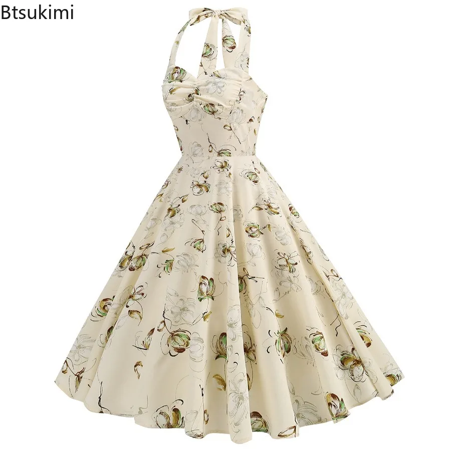 Nouveau 2025 femmes Vintage licou robe Rose fleur damier élégant balançoire robe Rockabilly Cocktail thé robe de soirée pour les femmes