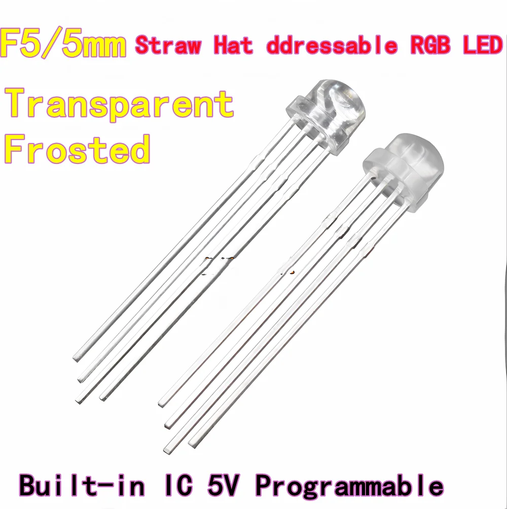 100pcs WS2812B Straw Hat Through-Hole LED F5 RGB with Built-in IC, 5V Programmable 5MM Addressable Full-Color LED
