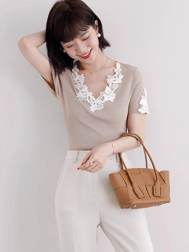 Ele Lace Trim Slim Fit Base irt Summer ort Sve Korean Sle Overhead Commute Gestrickte Casual Damen Top