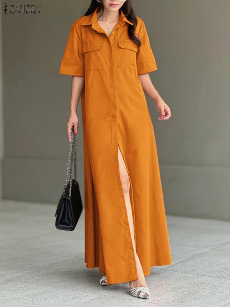 ZANZEA Women Fashion Long Shirt Dress Summer Half Sleeve Belted Streetwear Maxi Vestidos 2025 Elegant Buttons Casual Loose Robe