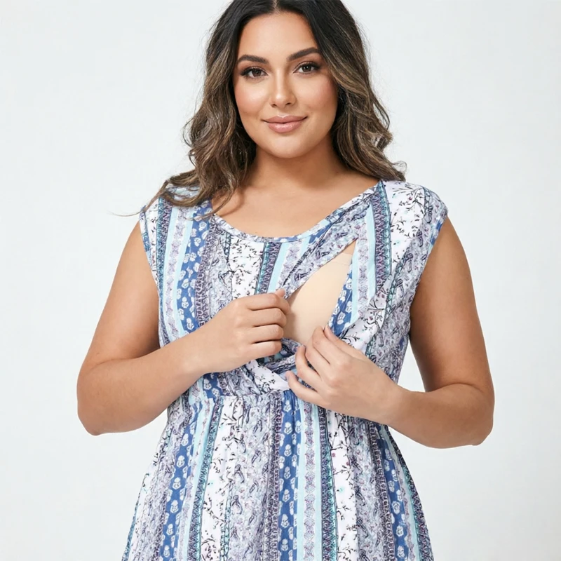 Vestido de Maternidad Boho Estampado sin Mangas con Cuello Cruzado y Cintura Imperio, Tallas Grandes, Casual, para Lactancia, Midi