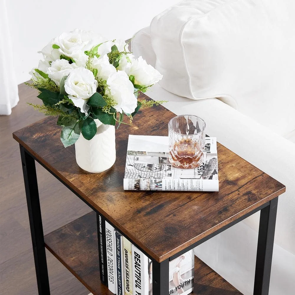 طاولة جانبية بنية من 3 طبقات، أرفف كتب مفتوحة ثابتة مع إطارات معدنية، طاولة نهاية مستطيلة، 13.8 بوصة عرض × 21.6 بوصة عمق × 30 بوصة ارتفاع، مجموعة من 2 #3