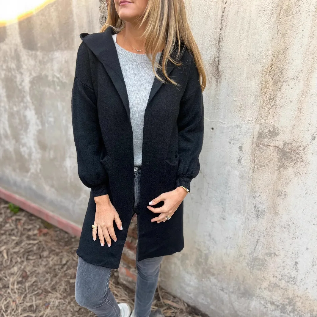 Casacos De Mulher De Inverno ミッドレングスウールコート、ポケットラペルフード付きジャケット、レディースカジュアルウール無地コート Invierno