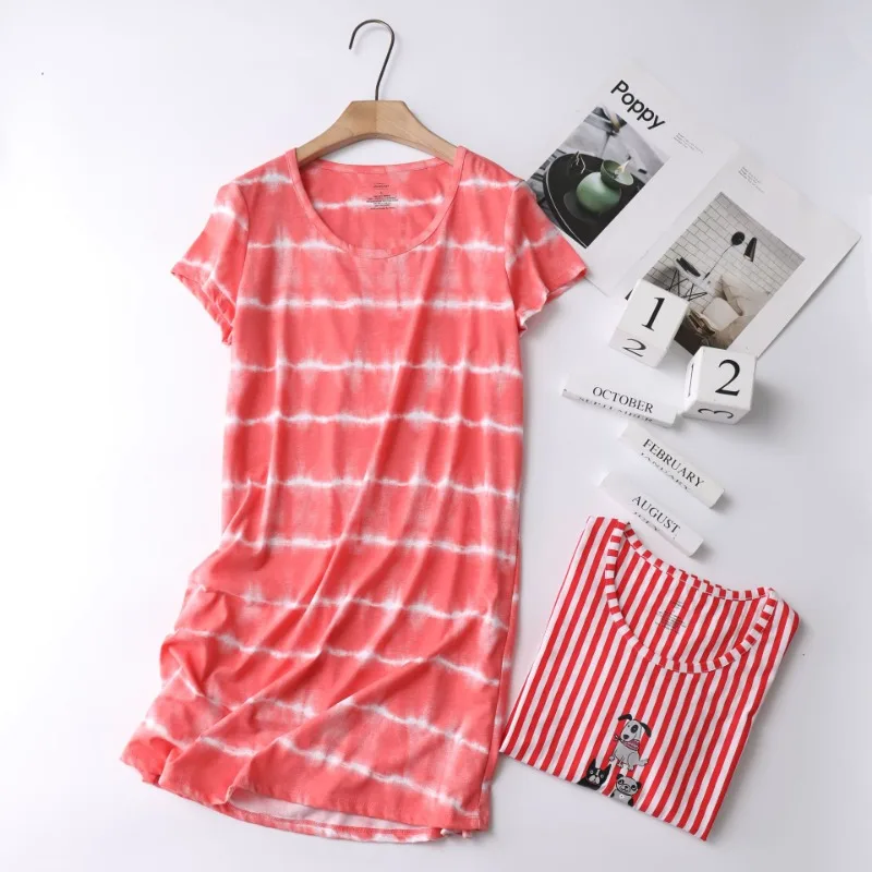 New Summer Knitted Short Sleeve Sleepdress Nightdress Cute Print Plus Size European Fit Sleepwear Homewear