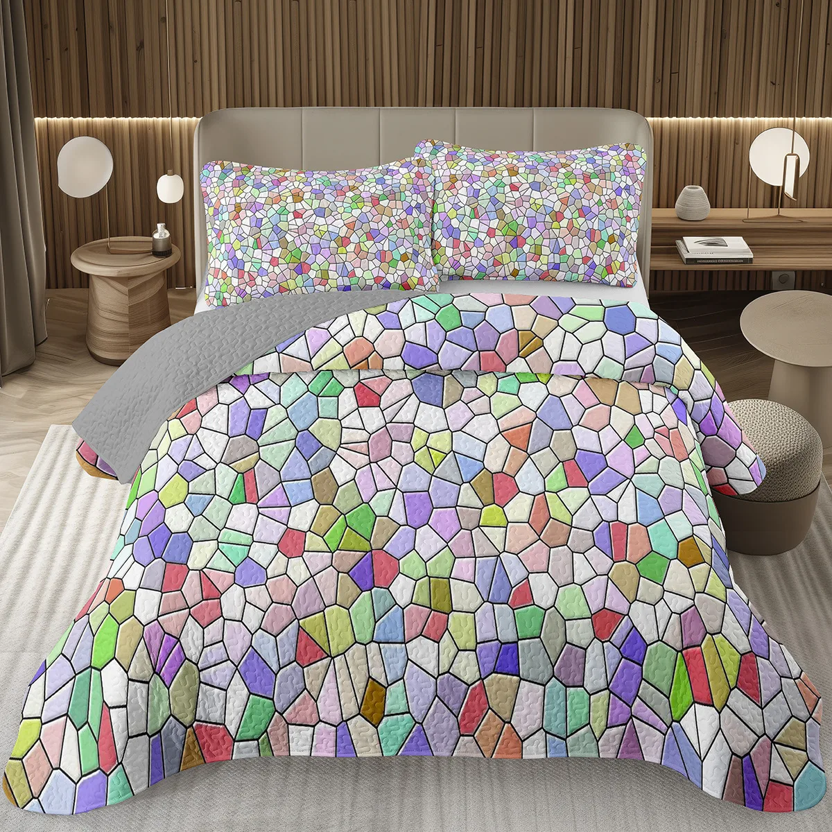

Stained Glass Bedspread Twin Queen Irregular Colorful Stone Quilted Coverlet Mosaic Texture Geometric Bedding Set for Boys Girls