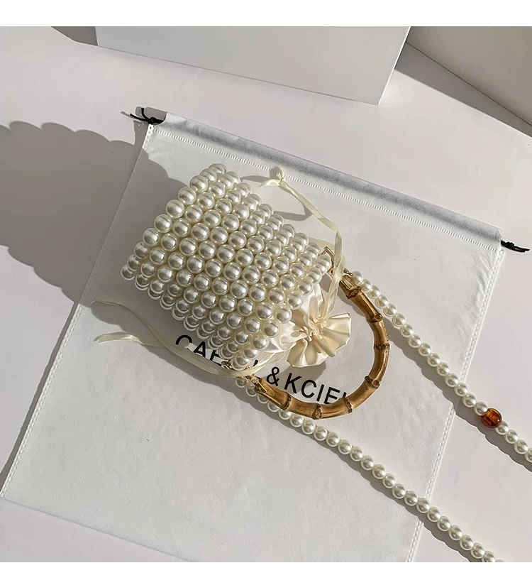 Luxury Pearl Beaded Bucket Bag Fashion Beads Beading Woven Handmade Clutch Purse Bamboo Handheld Women Handbag Crossbody Bag