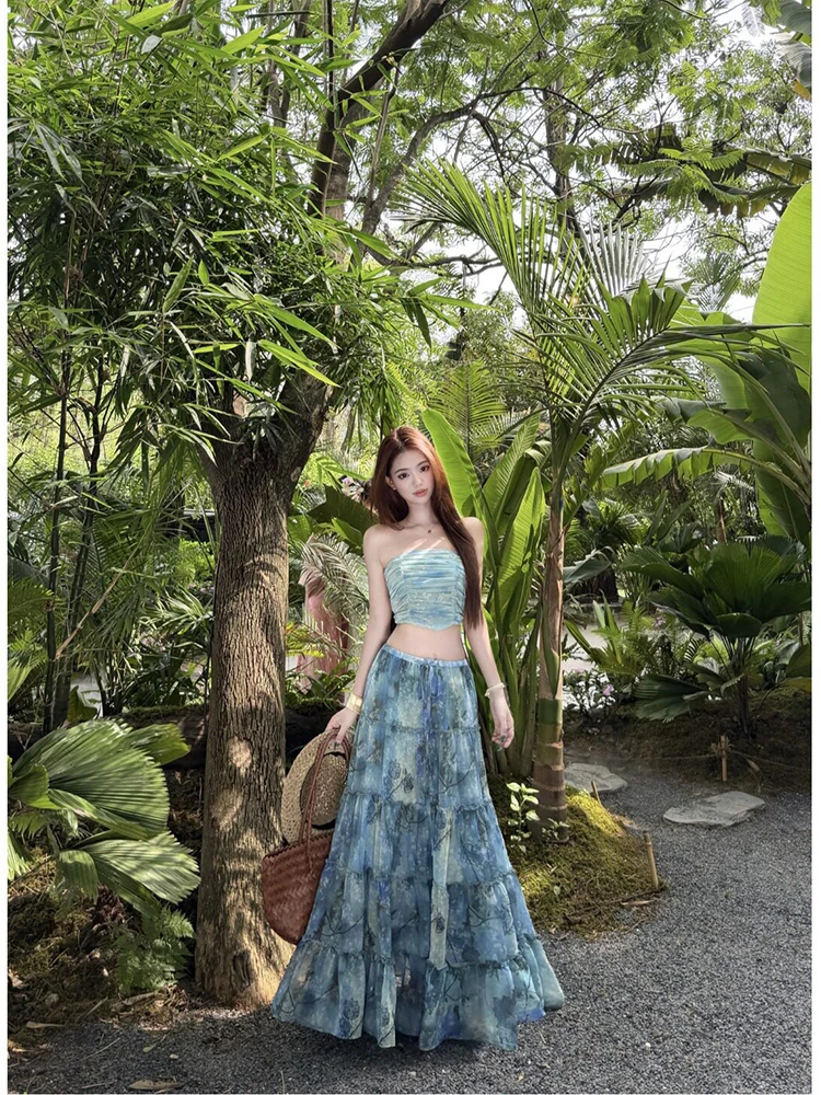 

Beach Vacation Style Drawstring Tube Top High Waist Maxi Skirt Set Women's Summer New Casual Fashion Two-Piece Ensemble