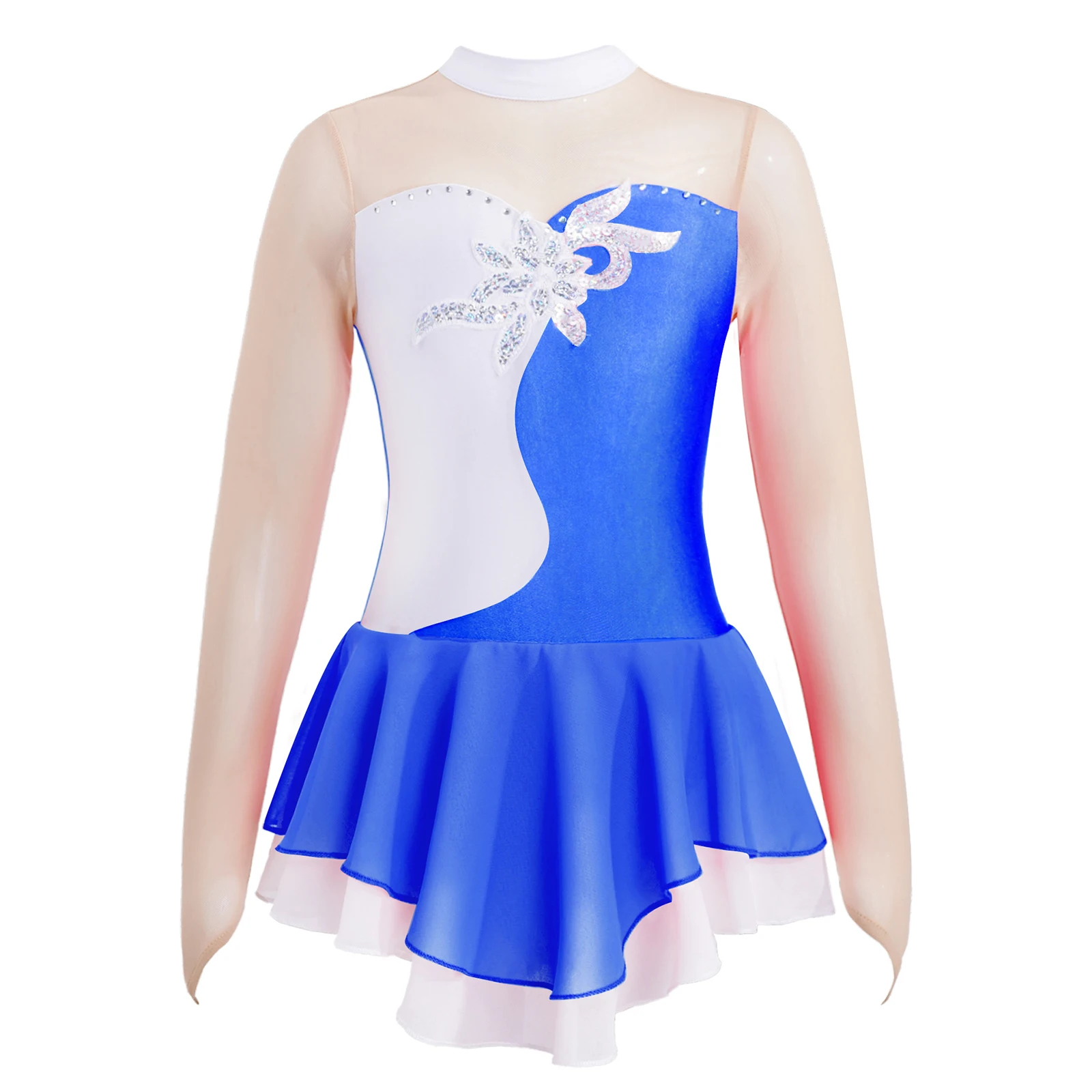 Figure Skating Dress Kids Girls Long Sleeve Rhinestone Patchwork Ballet Gymnastics Leotard Dance Dress for Dancing Competition