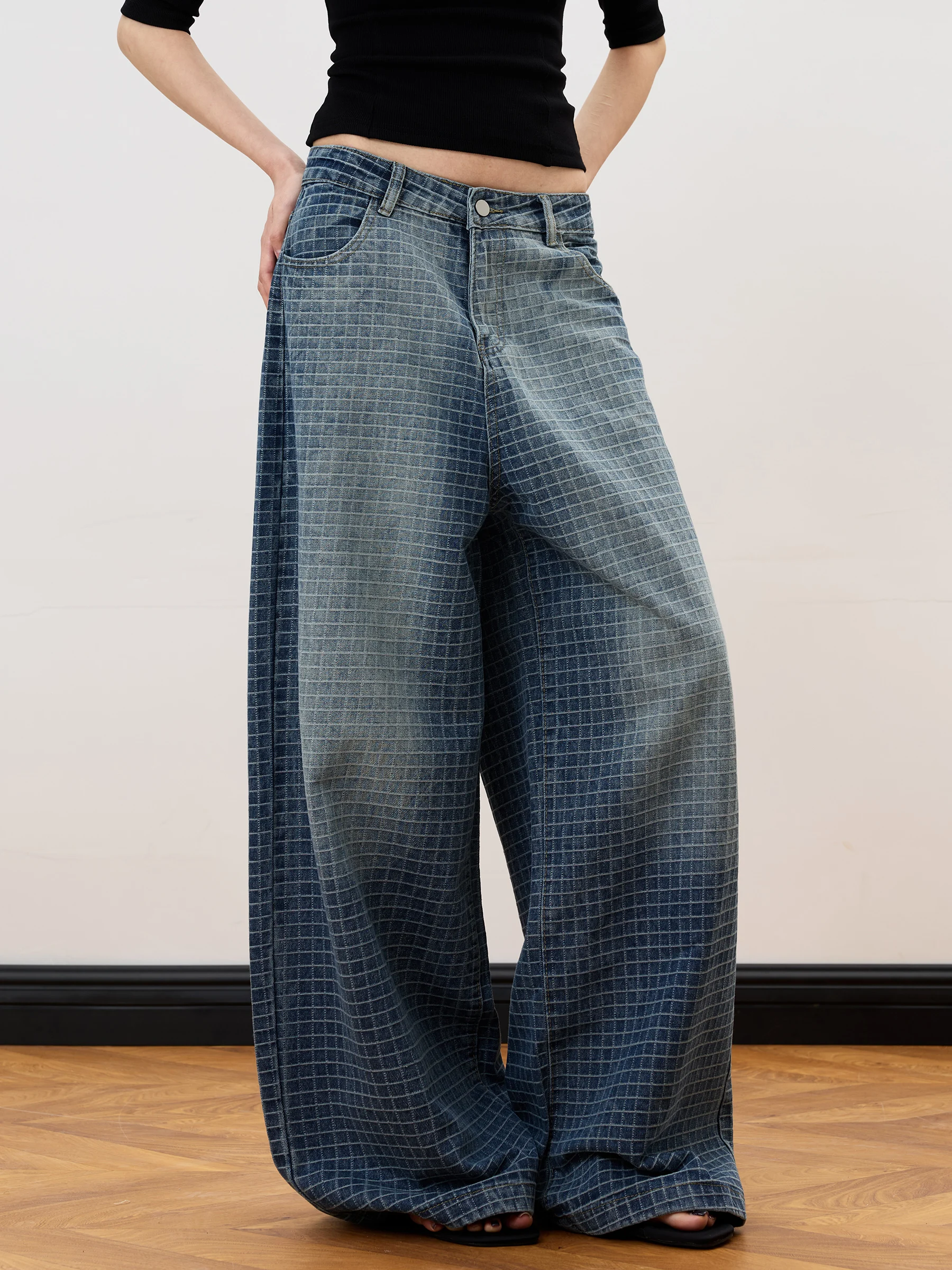 

Junecut Vintage Waed adient Plaid Wide Leg Jeans Loose Fit Versatile Straight Cut Pants for Ladies All Seasons l Waist