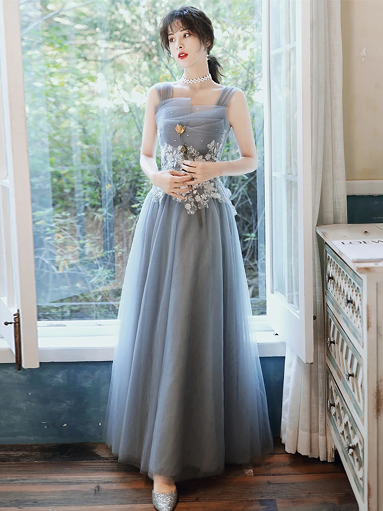 

Elegant Blue Slimfit Evening Gowns For Women Daily Halter Square Neck Floor Length Dress Backless Laced Design Formal Dress