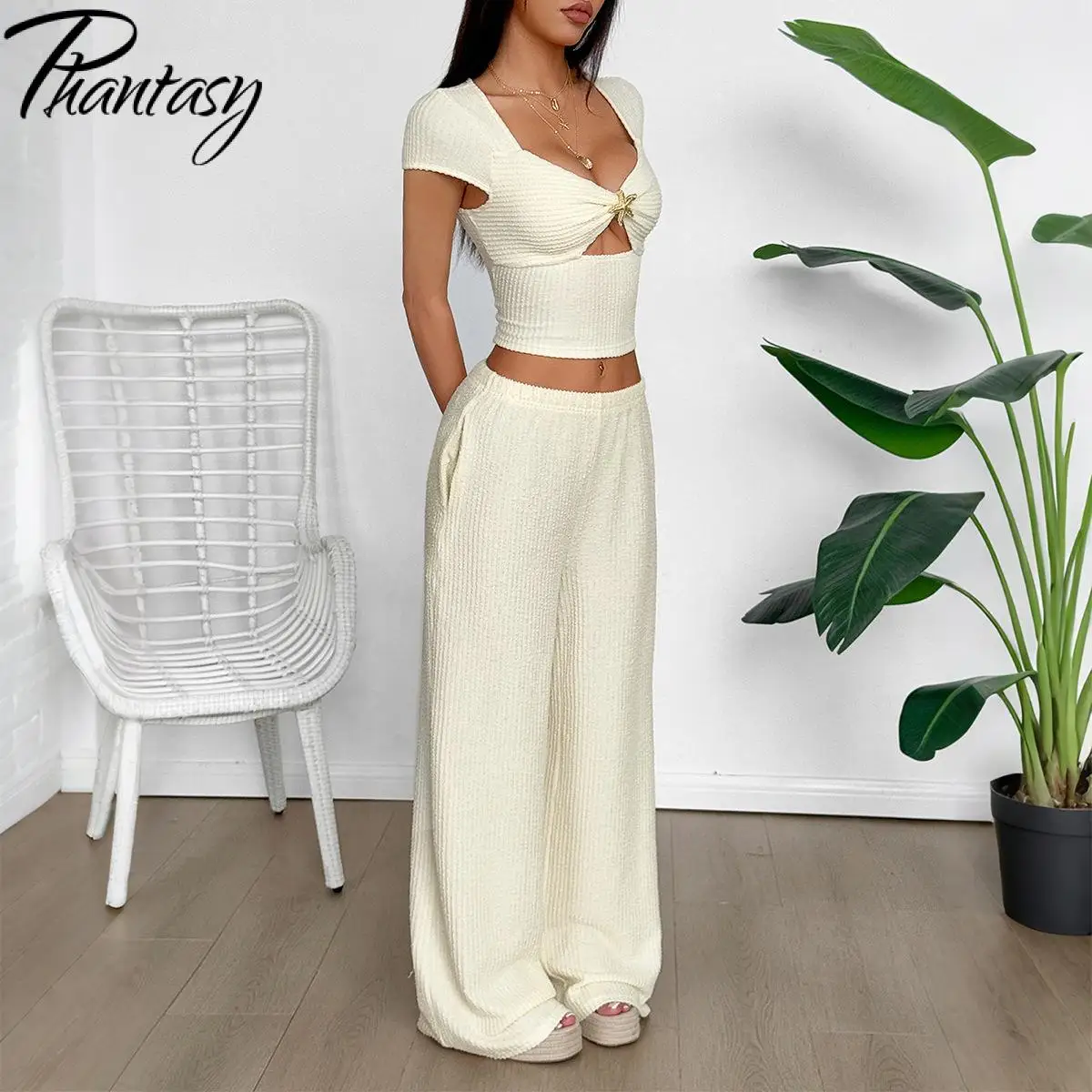 

Phantasy Sexy Short Sleeveless Vest Wide Leg Pants Set Y2K Simple Casual Style Pure Color Top Comfortable Vintage Clothing
