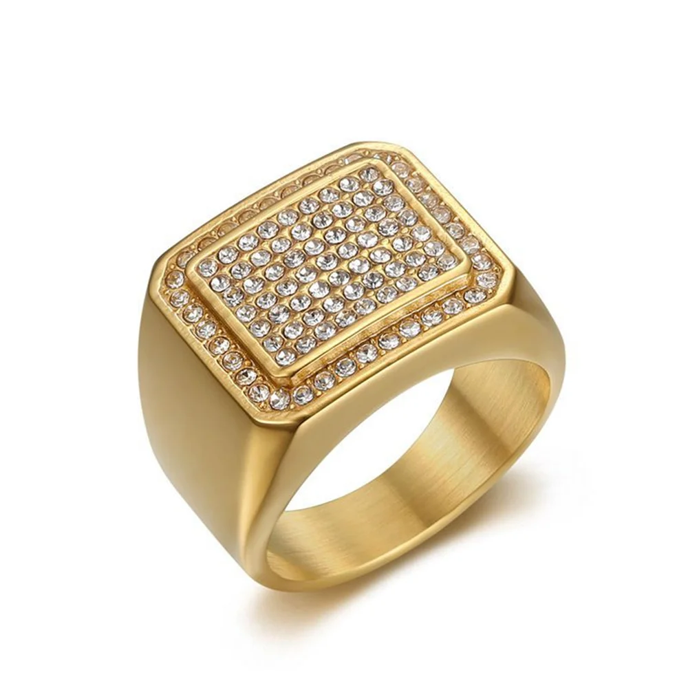 Hip Hop Iced Out Bling Big Ring Male Gold Color Stainless Steel Zirconia Square Rings for Men Fashion Hippie Party Jewelry Gift