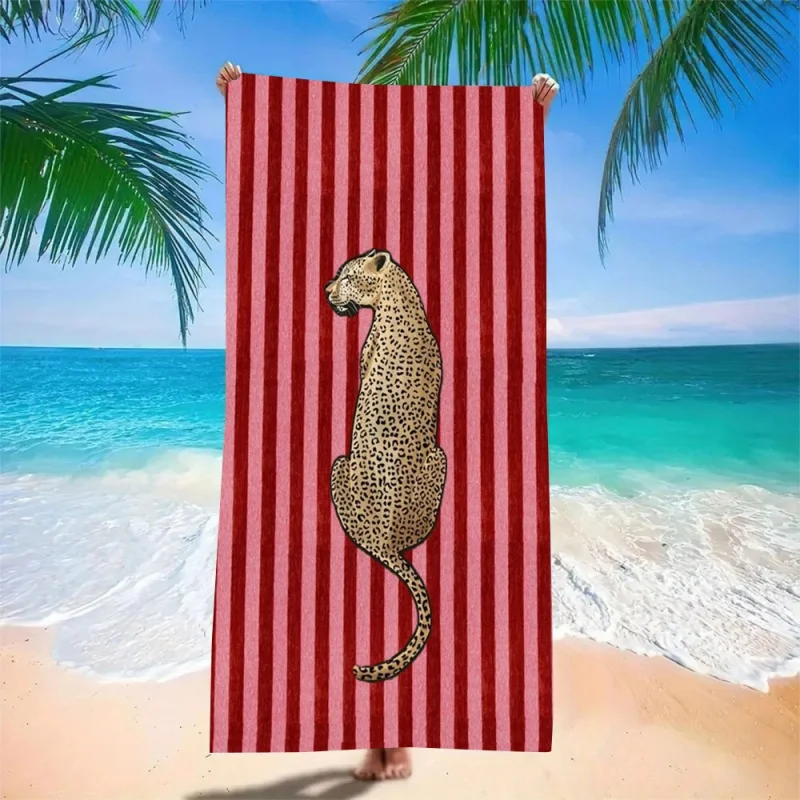 Stripe Leopard Beach Towel - Super Absorbent Quick Dry Microfiber Bath Blanket Red Stripe Animal Pattern for Picnic & Outdoor