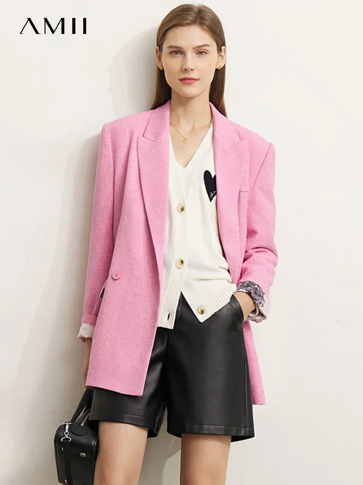 AMII Women's Pink Blazer 2023 Autumn New Fashion Loose Office Lady Business Outerwear Flower Inner Lining Female Tops 12353111