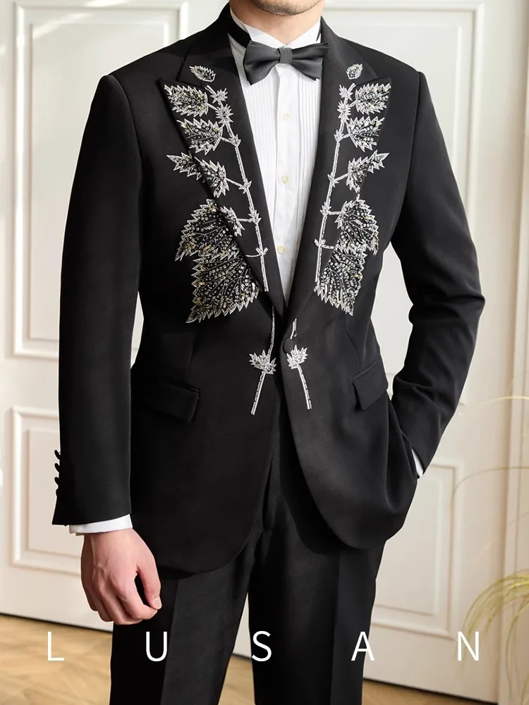 

Men's Black Tuxedo Suit - Handcrafted Beaded Fitted Banquet Groom Elegant Blazer