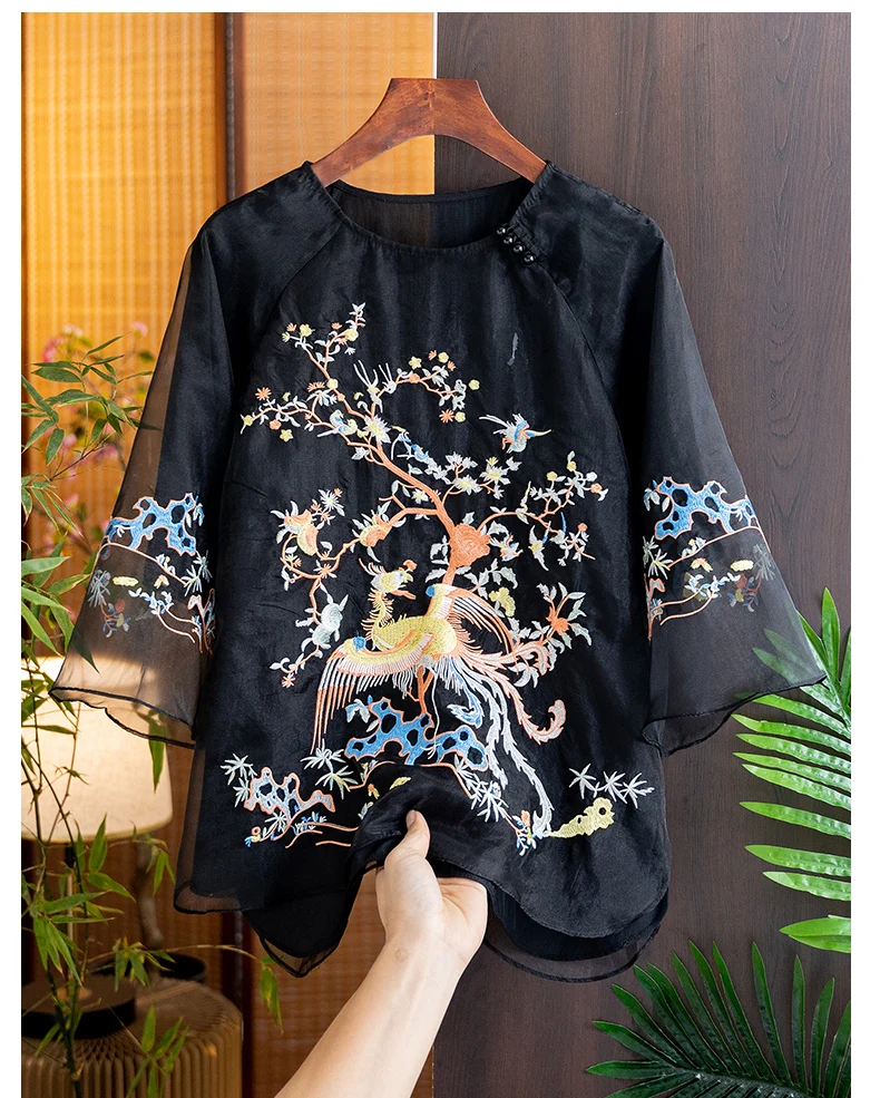 O-Neck Phoenix Embroidered Blouse Women's Spring And Summer New Three Quarter Sleeve Elegant Irregular Lady Top S-XXL