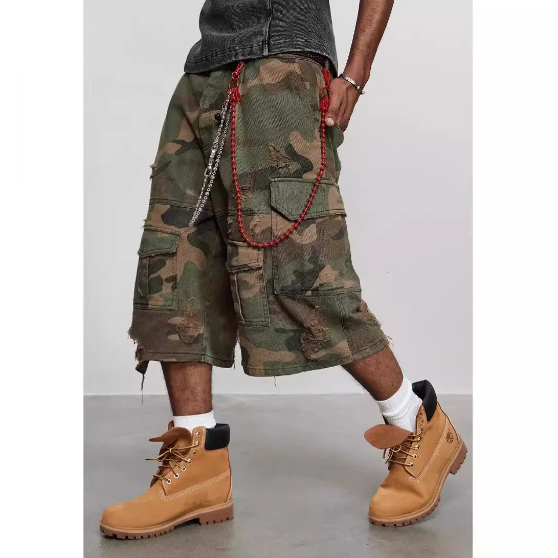 Destroy Camouflage Grinding Washed Cropped Pants Ripped Shorts Loose Wide-leg Shorts