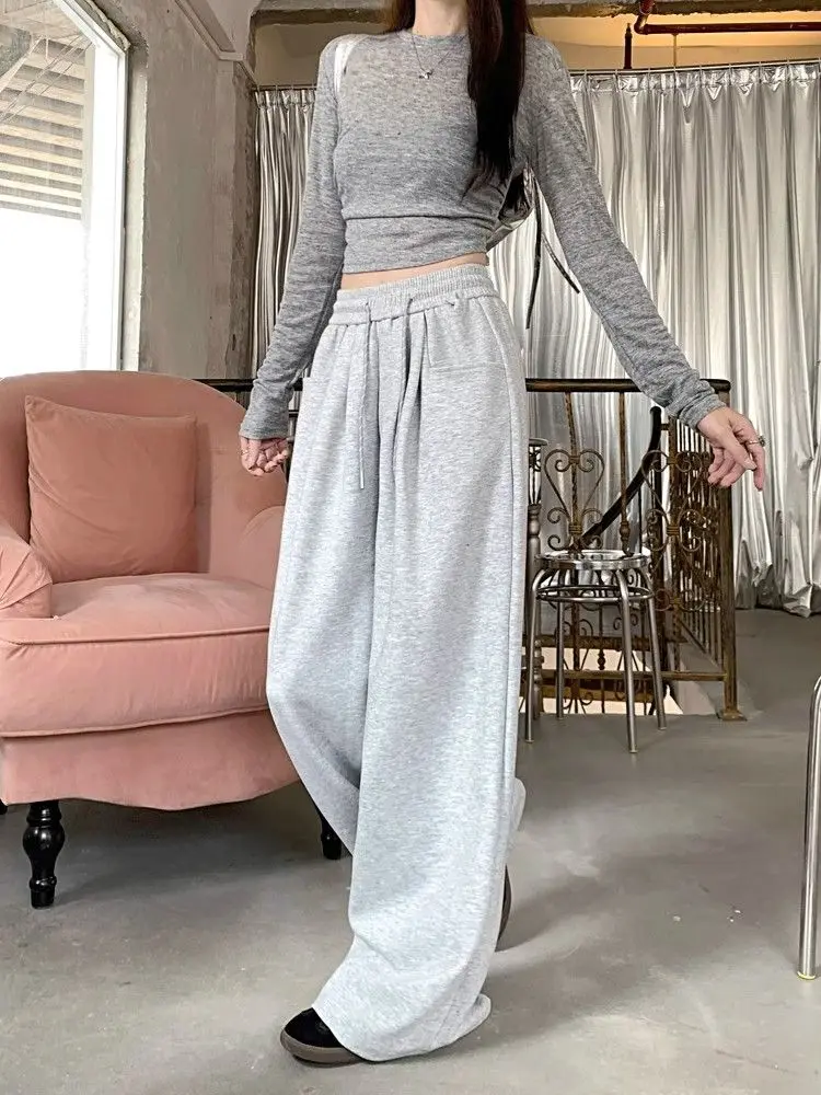Spring Summer Women Wide Leg Joggers Elastic Waist Drawstring Loose Slim Look Floor Length Casual Pants
