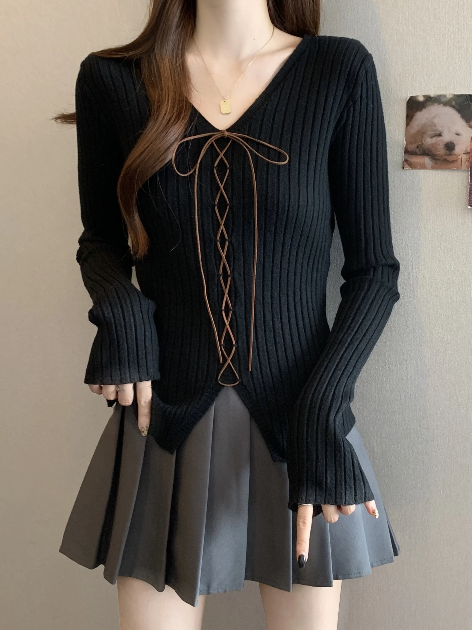 

plus Size Women's Knitted Long Sve Sweater V-Ne Tie Waist Casual Slimming Top High Waist Knitwear for Autumn Winter