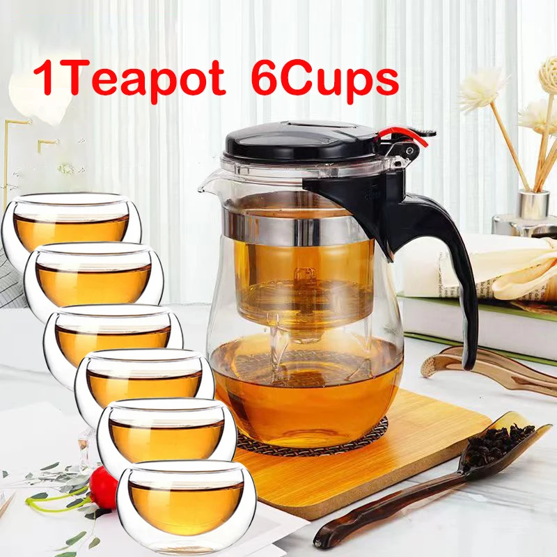 Heat Resistant Glass Tea Set 1tea pot 6 tea cups Puer Kettle Tea Infuser Chinese Kung Fu Teawear Set Heatable teaPot teaware