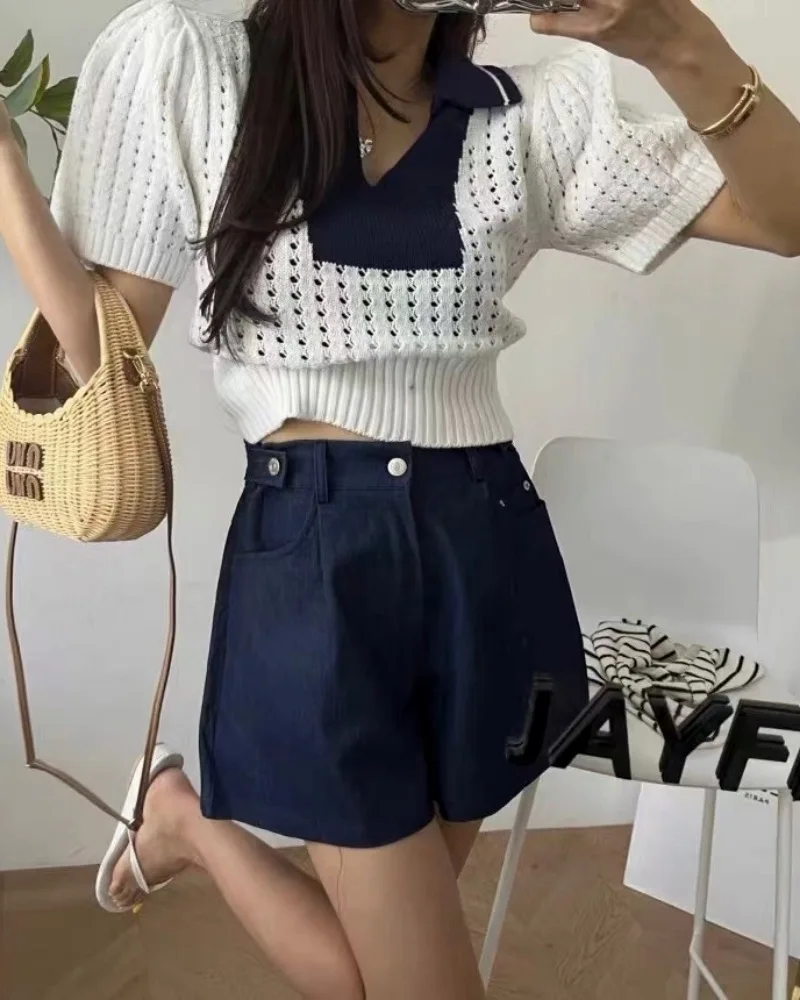 Summer Korean Puff Sleeve Pullover Sweater Women New Fashion High Waist Short Sweaters Vintage Hollow Thin Short Sleeve Knitwear