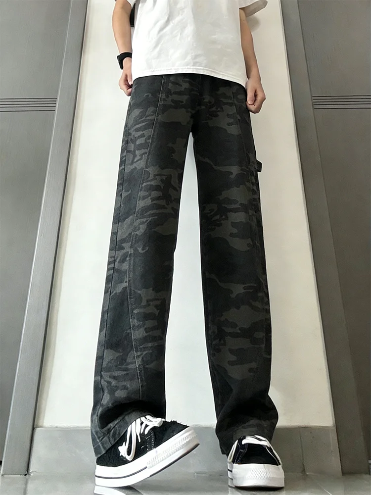 Calças Jeans Camufladas Verde Militar, Corte Reto, Slim Fit, Unissex, Calças de Trabalho, Estilo Americano High Street, Calça...