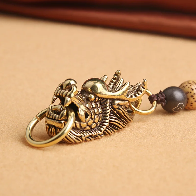 Antique brass dragon head Figurines Retro Animal Tea Pet Desktop Ornament Decor Crafts Keychain Pendants