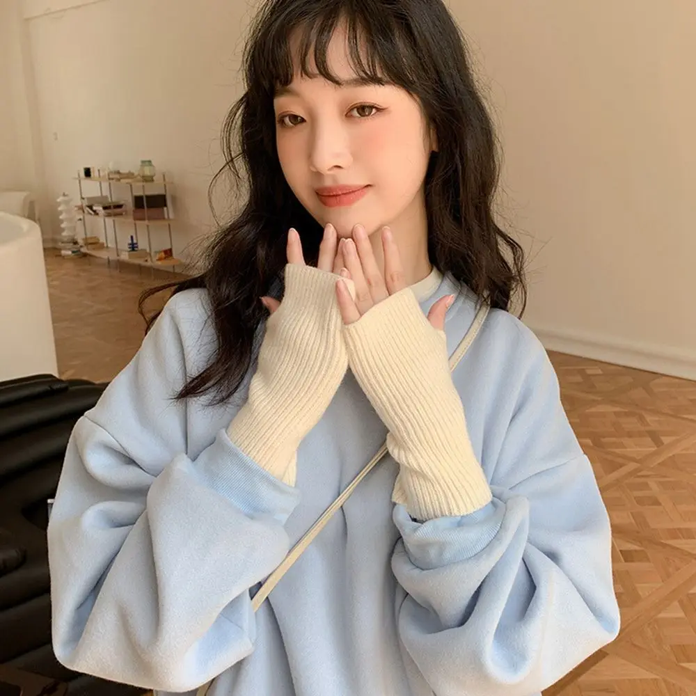 Atmungsaktive Nette Fingerlose Fäustlinge Männer Fahren Handschuhe Einfarbig Gestrickte Fäustlinge Weibliche Handschuhe Plus Samt Halb-finger Handschuhe