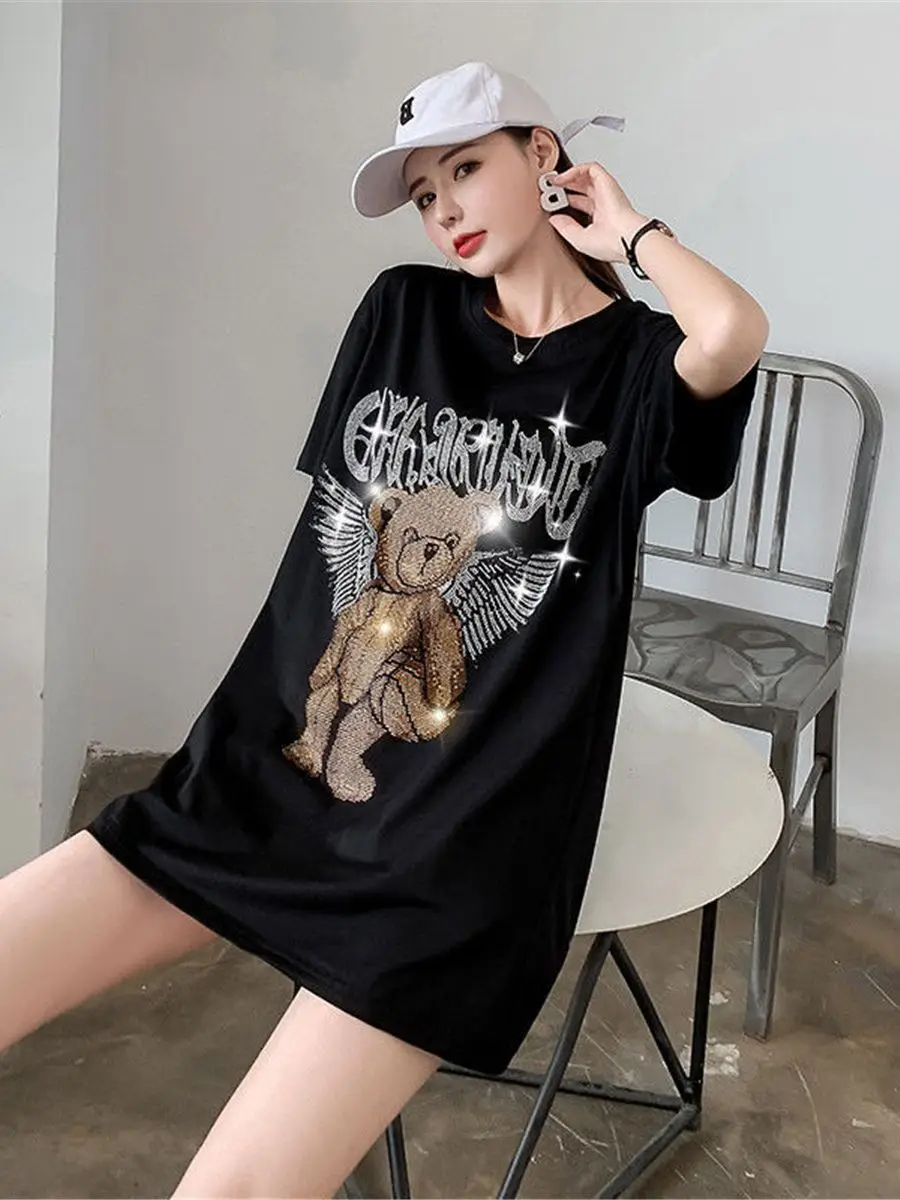 Śliczne Ulzzang cekiny Tshirt Streetwear lato luźne góra Hip Hop ubrania z nadrukami kobiety główna ulica nadruk niedźwiedzia t-shirty dziewczyna