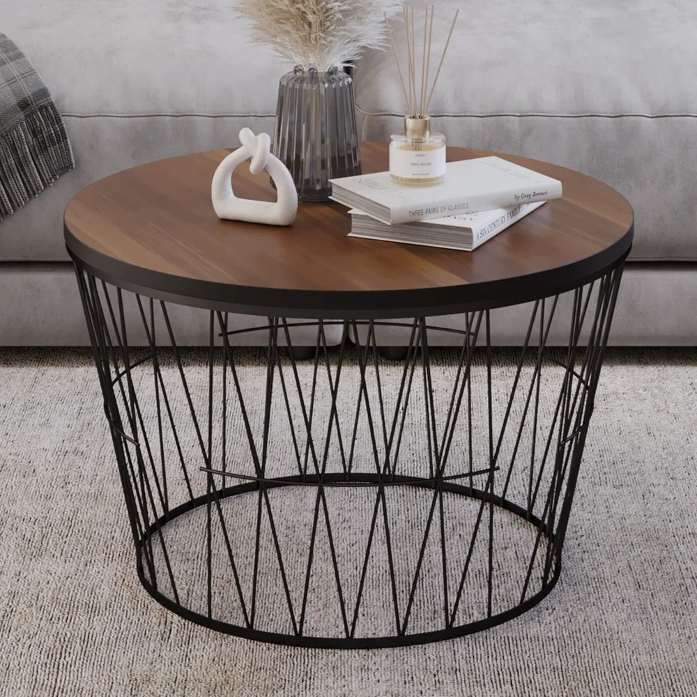 

Mid-Century Modern Round Coffee Table - Small Accent Furniture with Geometric Metal Base,Brown/Black Living Room HomeFurnishings