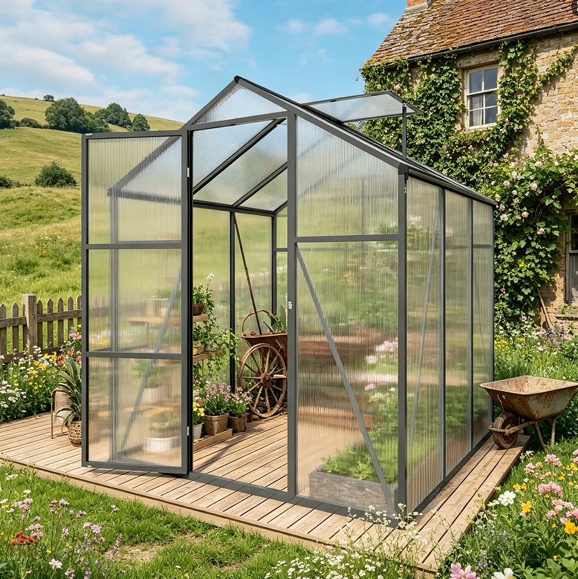 SUSUA 6x6 FT Newly Design Greenhouse Polycarbonate Raised Base and Anchor Aluminum Heavy Duty Walk-in sunroom for garden