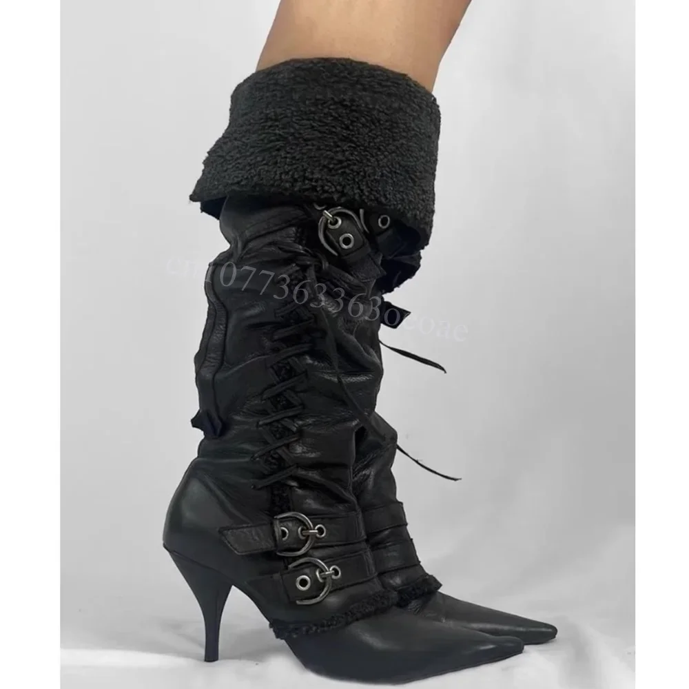 

Flipped Feather Decor Cross Tied Boots Pointed Toe Knee High Shoes for Women Spike Heels Fashion Shoes 2025 Zapatos Para Mujere