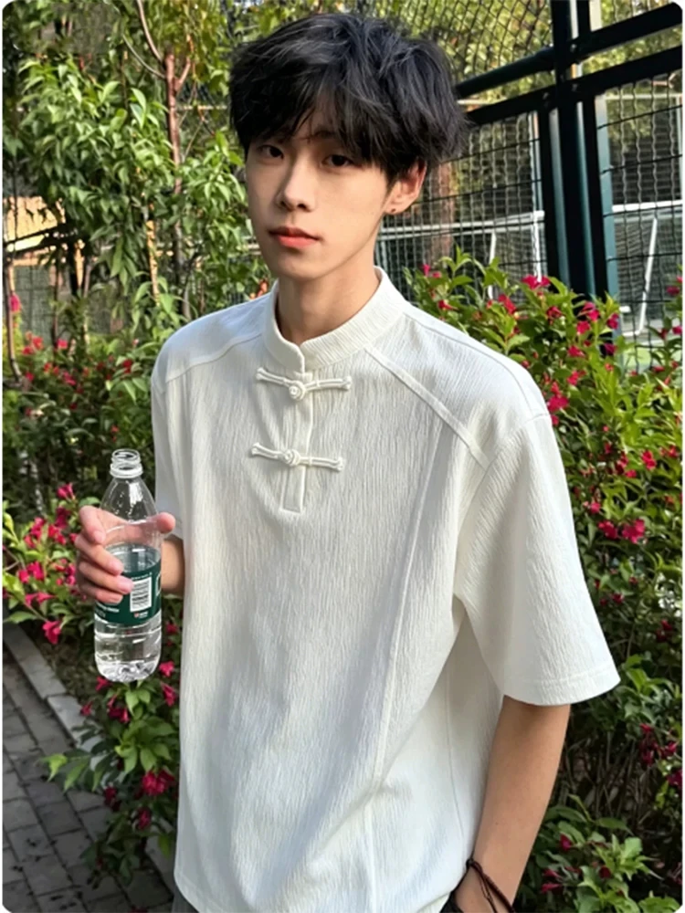New Chinese Style Men's T-Shirt Button up Collar Half Sleeve Short Sleeve Henry Collar Summer High Texture Sensation Tree Bar...