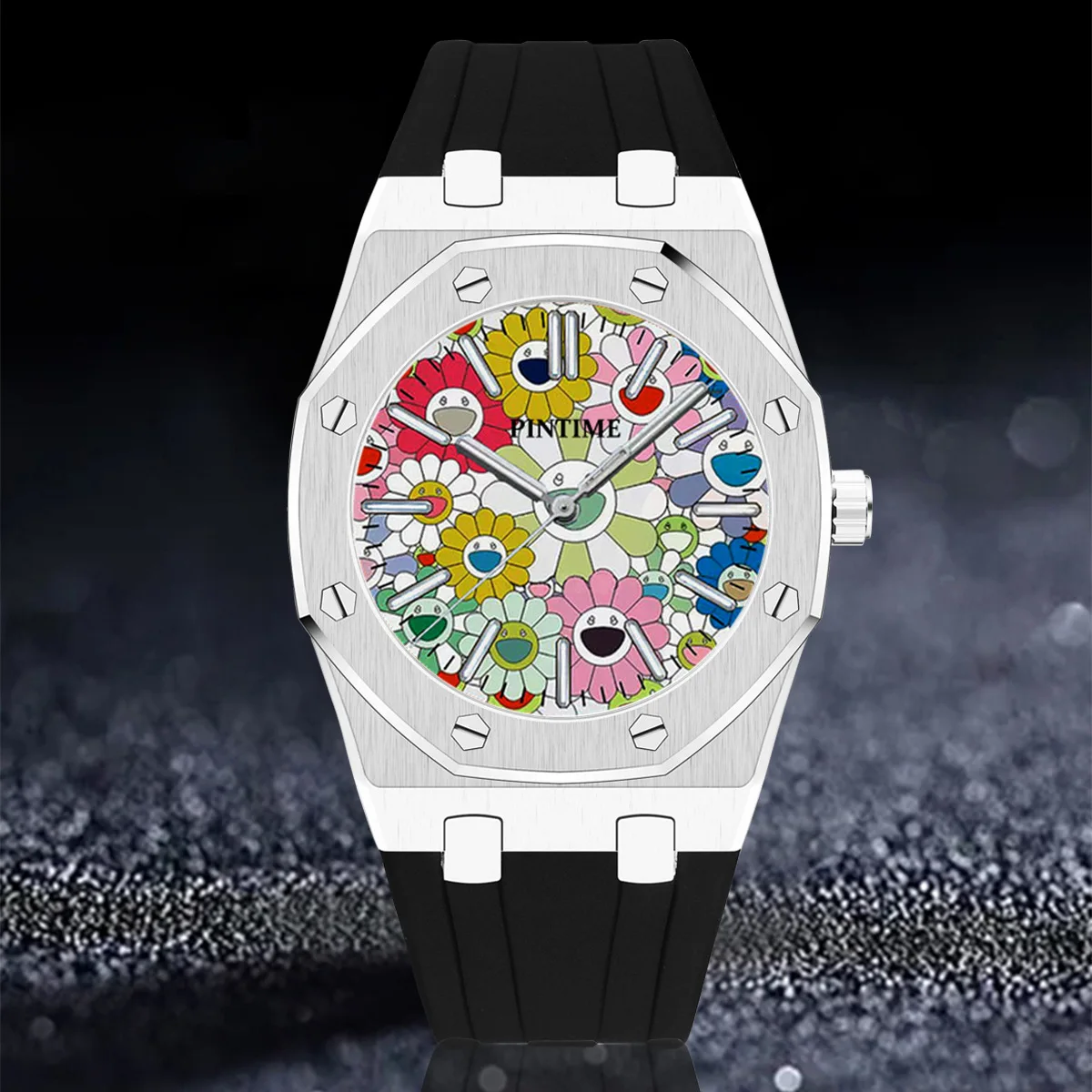 PINTIME Luxury Men Watch Flower Conceptual Dial Male Quartz Wristwatch Colorful Sunflower Sports Reloj Vintage Fashion Man Clock