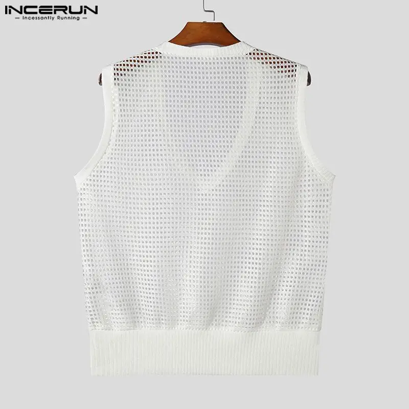 Men Tank Tops Mesh Hollow Out Solid V Neck Sleeveless Summer Male Vests Streetwear Transparent 2024 Fashion Men Clothing INCERUN