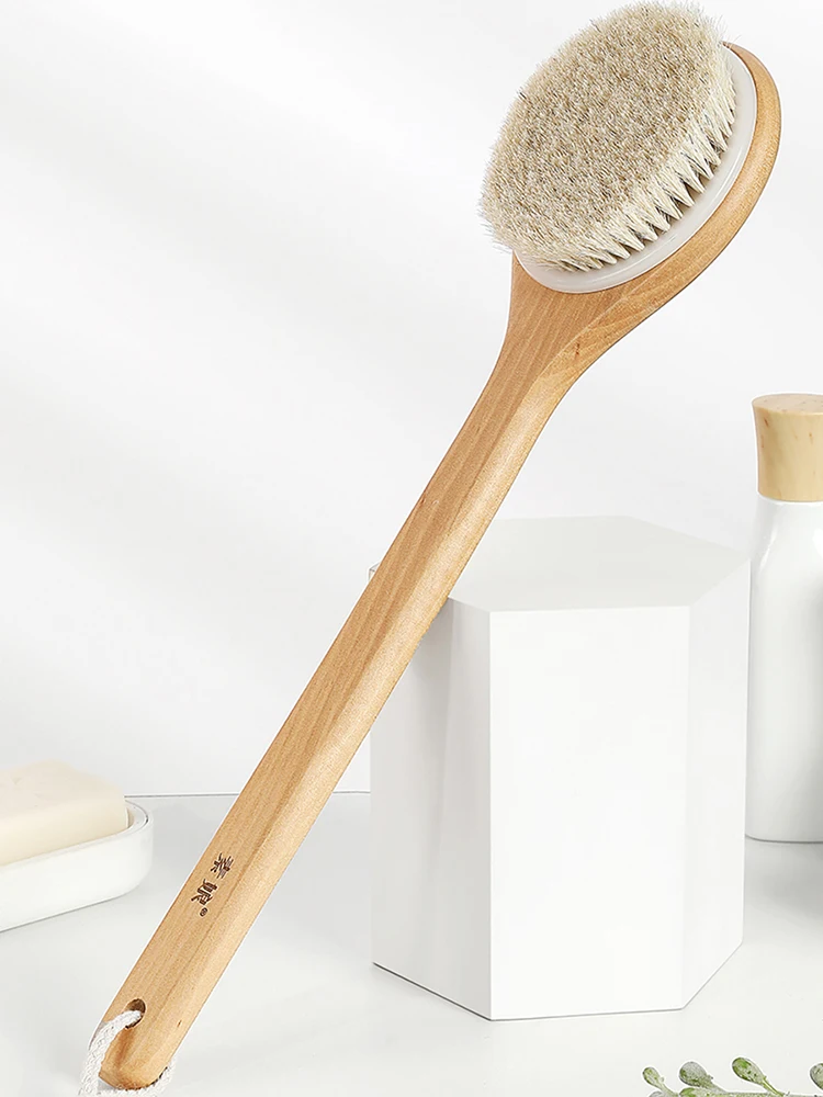 Long Handle Bath Brush Soft Hair Bath Brush Back Round Head Brush Bathroom Horsehair Hog Bristle Shower Massage Brush