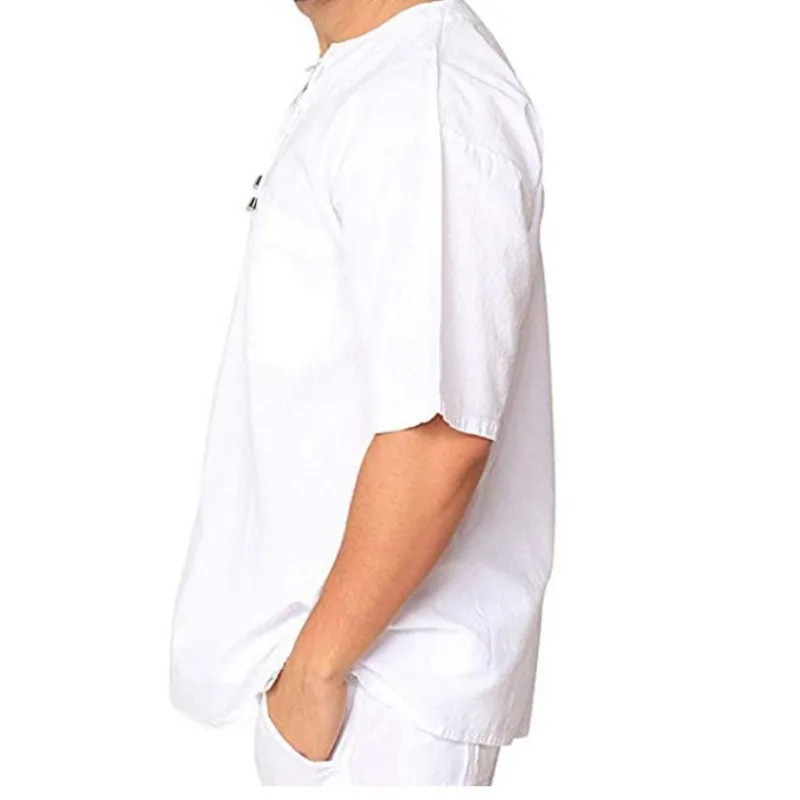 Summer New Men's Short-sleeved T-shirt Cotton and Linen Tie-up Collar Casual Men's T-shirt Shirt