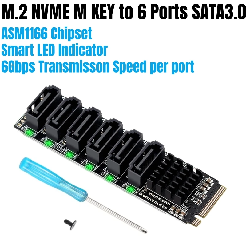 

M.2 NVME M Key to 6 Ports SATA3.0 6Gbps SSD HDD Expansion Adapter Riser Card ASM1166 Chip, Smart LED, Power Management Function