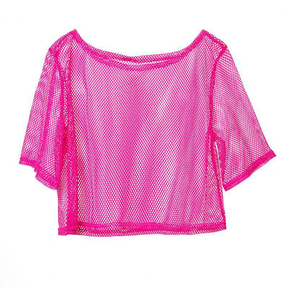 Conjunto de camiseta y chaleco de malla para mujer, Top de malla brillante de neón, Top de malla de Color brillante, conjunto de chaleco de manga corta con cuello redondo para mujer Sexy