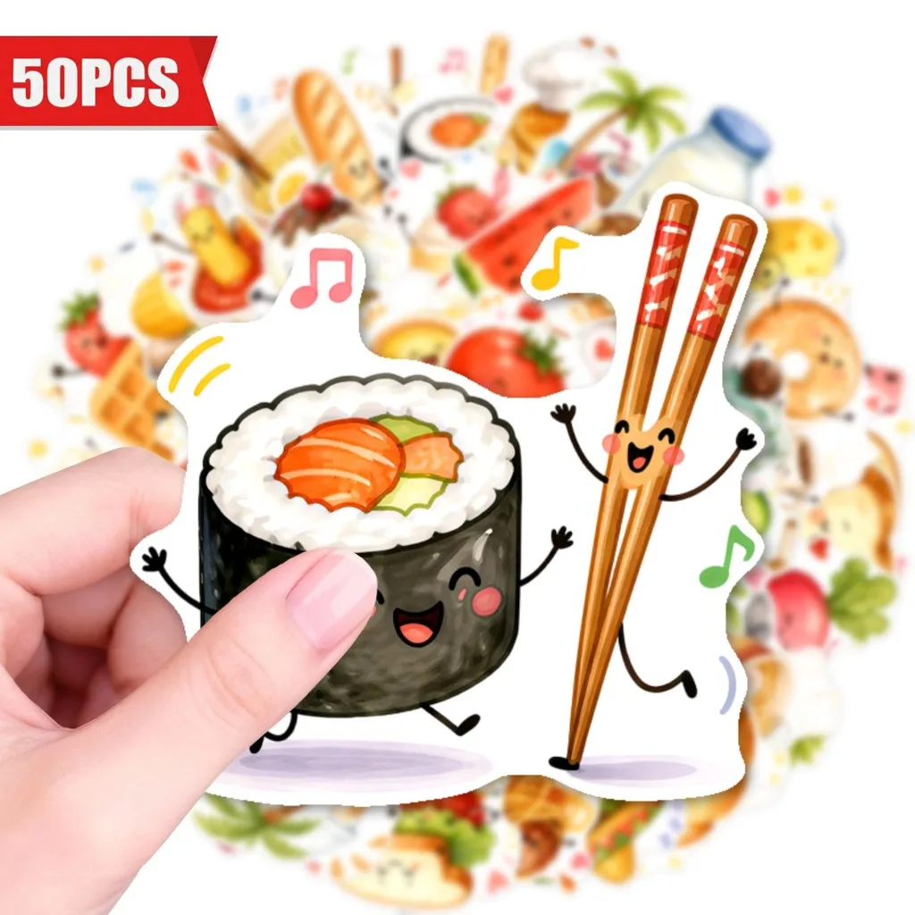 50Pcs Watercolor Anthropomorphic Food Stickers, Cute Cartoon Bread Dessert Waterproof Decals for Journal and Notebook DIY