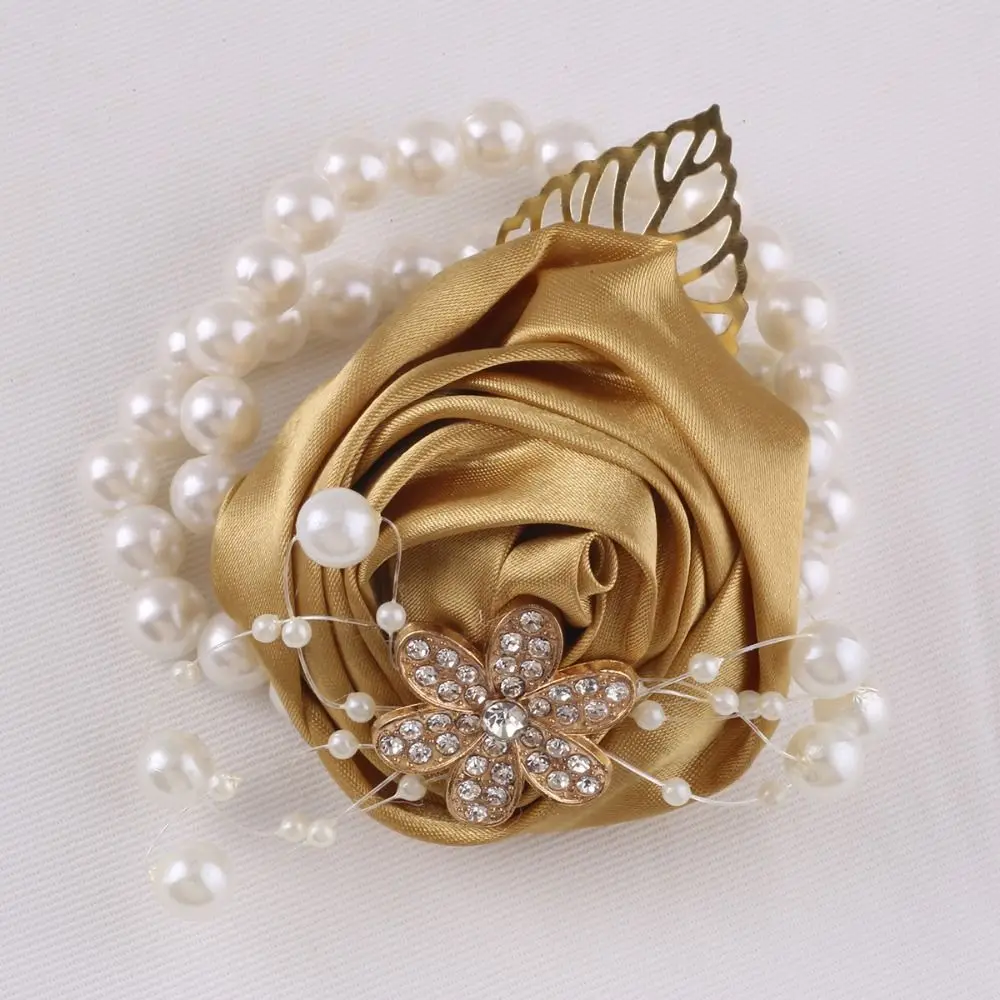 Romantic Artificial Rose Bridesmaid Wrist Flowers Pearl Ribbon Wrist Corsage Exquisite Wedding Flower Bracelet Girls