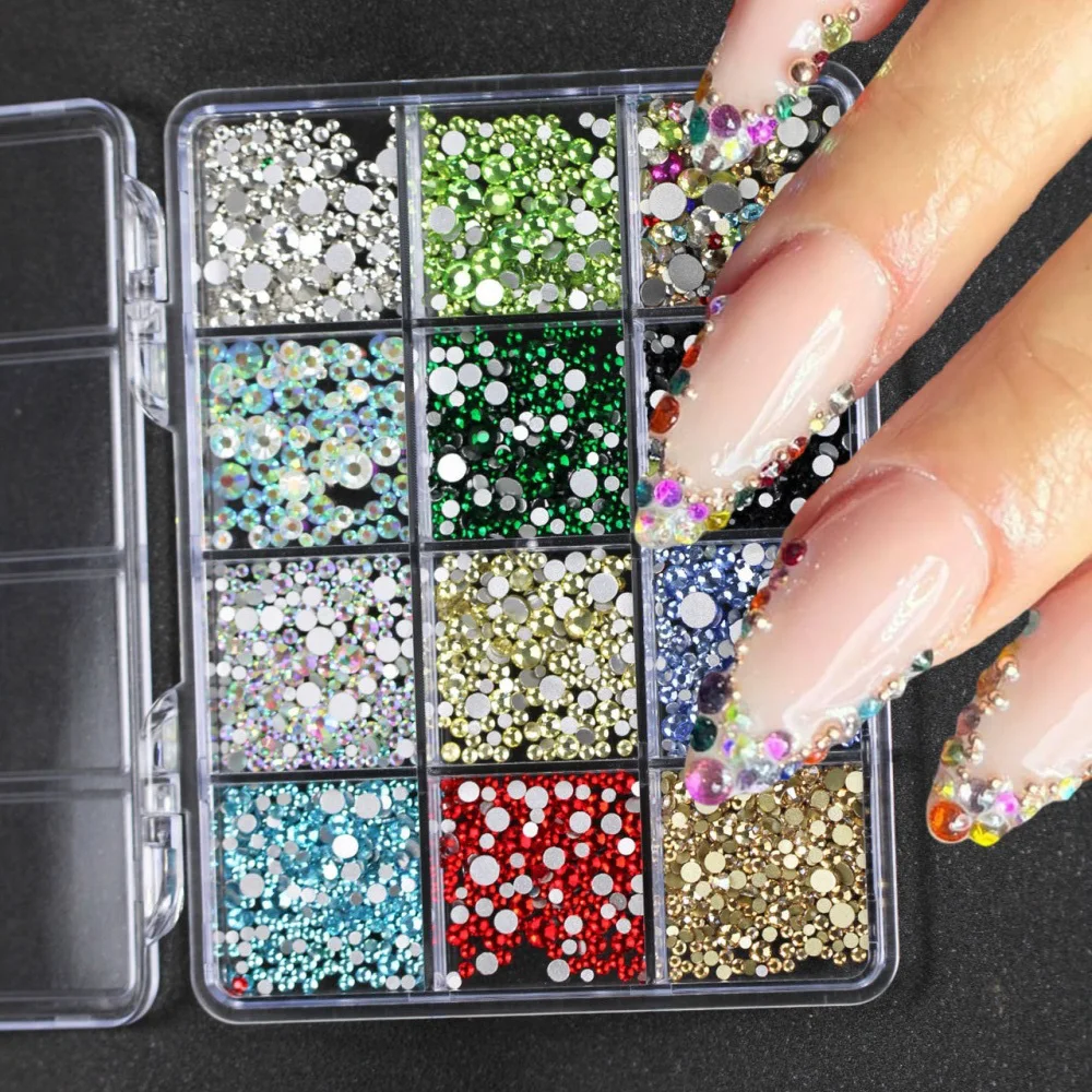 12 Gitter 3D Bunte Runde Perlen Kristall Nagelkunst Strass Flache Glasdiamanten Nagel-Charms DIY Maniküre Dekoration