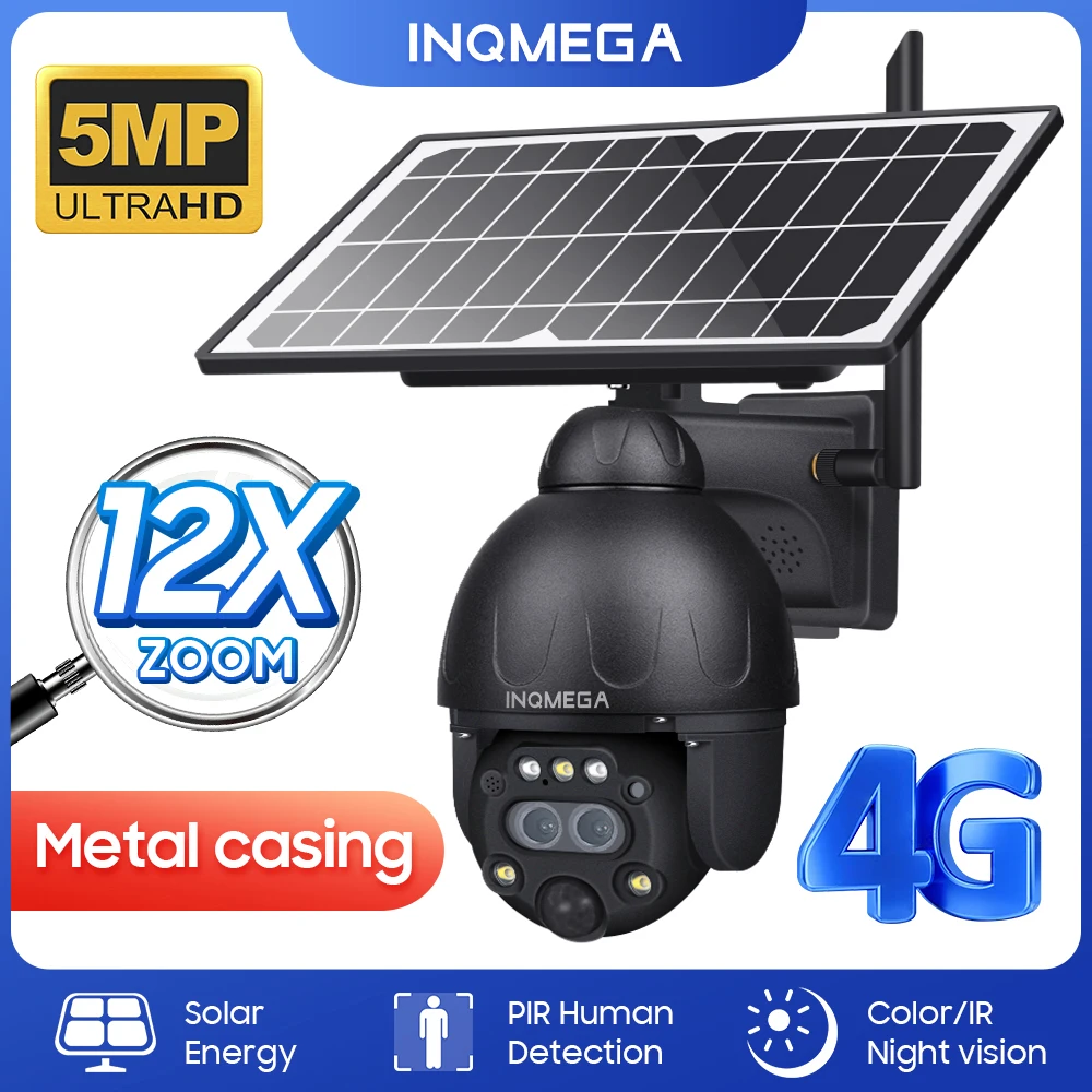 

INQMEGA 5MP 12X Zoom 4G Solar Camera PIR Human Detection Wifi Solar Camera Dual lens Zoom Full Metal Casing Wifi Solar Camera