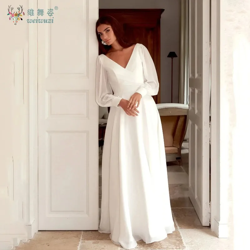 

New Deep V Collar Solid Color Long Sleeve Chiffon Wedding Gown Formal Occasion Exquisite Luxury A-line High Waist Fancy Clothing